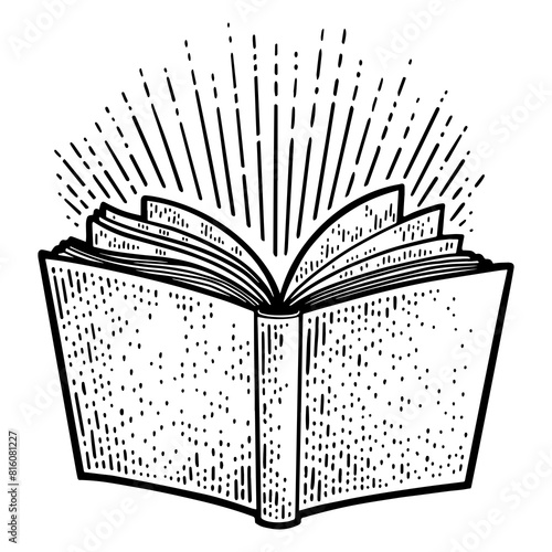 book and light rays sketch engraving PNG illustration. T-shirt apparel print design. Scratch board imitation. Black and white hand drawn image.
