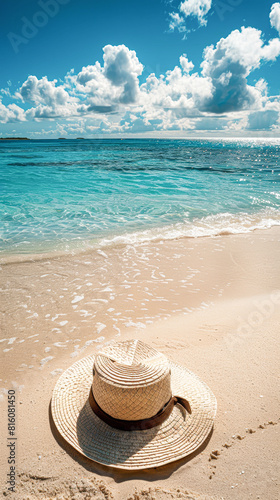 A deserted sandy beach hosts signs of a nearby sunseeker  with comfortable sandals and a protective hat pointing towards the refreshing blue waters and sunny