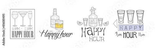 Cocktail Bar Happy Hour Promotion Sign Design Template Vector Set
