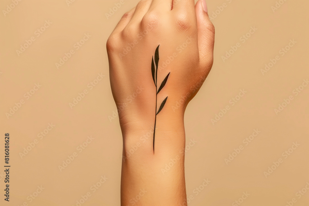 The trend of tattoos on a girl s hand reflects the spirit of freedom, rebellion and uniqueness. Delicate tattoo on a beige background. The trend of tattoos on a girl s hand reflects the spirit of freedom, rebellion and uniqueness. Delicate tattoo on a beige background.