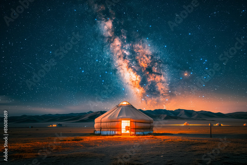 Traditional mongolian yurt at night under the milky way with mountains in the background photo