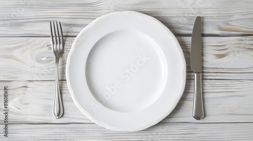 White empty plate and fork and knife on wooden texture background : Generative AI