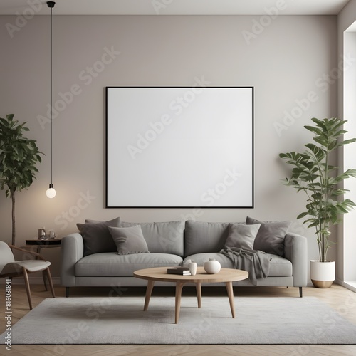 Frame mockup, ISO A paper size. Living room wall poster mockup. Interior mockup with house background. Modern interior design. 3D render © Deris Firmansyah