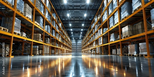 LED lighting in warehouse part of storage and shipping system in distribution center. Concept LED Lighting, Warehouse Efficiency, Distribution Centers, Storage Systems, Shipping Solutions