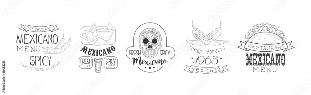 Mexican Food Logo with Text and Hand Drawn Element Vector Set Mexican Food Logo with Text and Hand Drawn Element Vector Set
