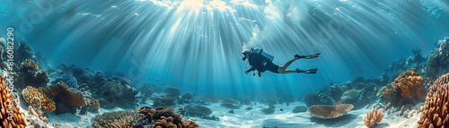 A diver swimming above a sandy ocean floor, with rays of sunlight penetrating the water and a vibrant coral reef in the distance photo