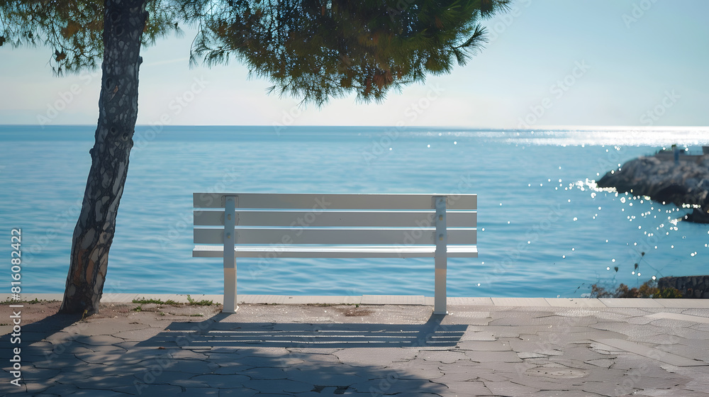 Empty bench in the park by the sea White wooden bench summer sunny day : Generative AI