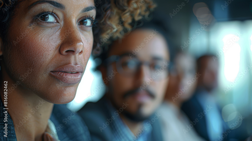 Obraz premium Close-up of a confident businesswoman with her team in the background, reflecting focused collaboration in a modern office environment.