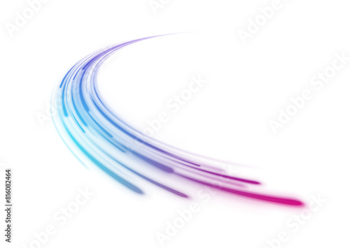 PNG. Light arc in neon colors, in the form of a turn and a zigzag. Abstract radiant light rays creating a dynamic sense of speed and movement in vibrant blue and pink hues.	

