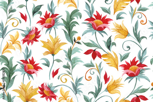 watercolor seamless pattern of red and yellow ornaments. oriental pattern on a white background