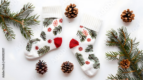 Christmas decoration Traditional festive socks with spruce branch and pine cones on white background top view : Generative AI