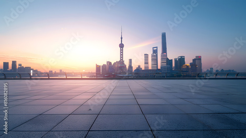 Empty square floor and bridge with city skyline at sunset in Shanghai   Generative AI