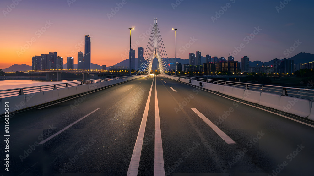 Asphalt road and bridge with modern city skyline at sunset in Ningbo Zhejiang Province China : Generative AI Asphalt road and bridge with modern city skyline at sunset in Ningbo Zhejiang Province China : Generative AI