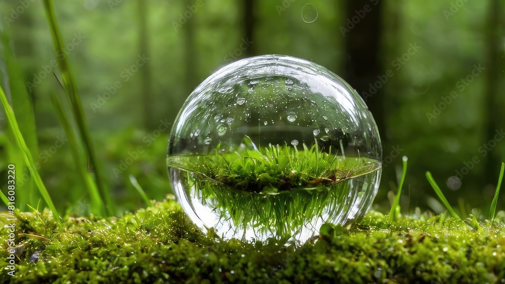 Transparent glass ball lying on green moss, on forest background, raindrops on green grass, photorealism, reflections. Ecology concept Transparent glass ball lying on green moss, on forest background, raindrops on green grass, photorealism, reflections. Ecology concept