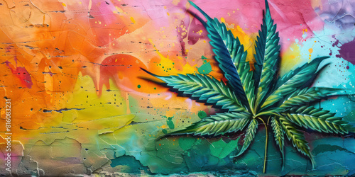 Cannabis plant painted with airbrush on colorful wall on the street  street art  copy space
