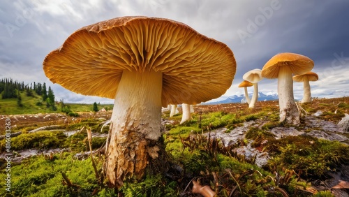 Fly agaric or fly-amanita mushrooms fungi on grass on surface. Magical mashroom, close up of wild mushrooms