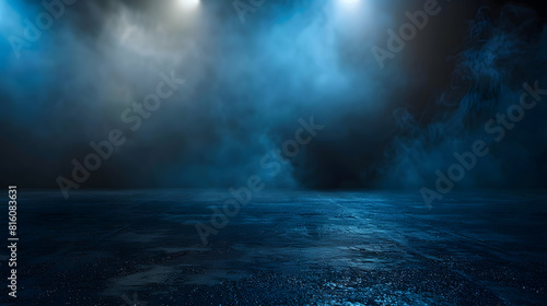 A dark empty street dark blue background an empty dark scene neon light spotlights The asphalt floor and studio room with smoke float up the interior texture night view   Generative AI