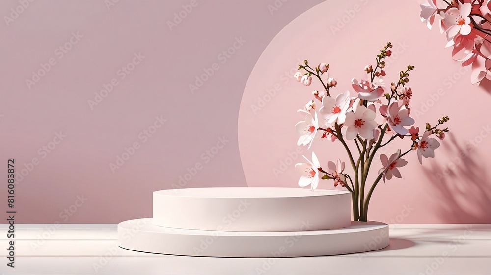 A stunning 3D mockup of a podium stand displaying a cosmetic product with pink and white blossoms, exuding freshness and beauty for a floral-themed promotion. A stunning 3D mockup of a podium stand displaying a cosmetic product with pink and white blossoms, exuding freshness and beauty for a floral-themed promotion.
