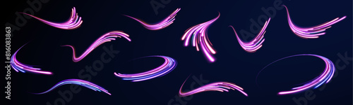 The effect of express lanes from a fast car on the freeway. High speed effect motion blur night lights blue and red.	Illustration of high speed concept. Curved light trail stretched upward. Vector Ill