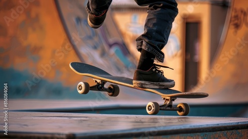 A person skateboarding in an urban skatepark, captured midtrick No text or alphabet on image photo