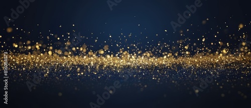  Abstract background with Dark blue and gold particle. Christmas Golden light shine particles bokeh on navy blue background. Gold foil texture. Holiday concept