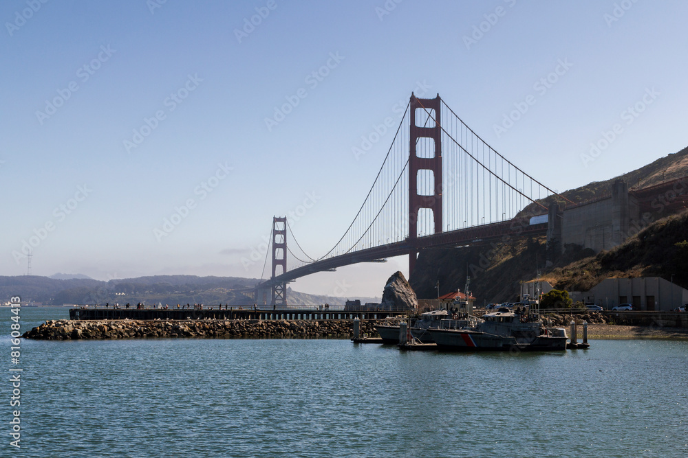 silhouette of the unique and world famous Golden Gate Bridge at a clear sky sunny morning in san francisco