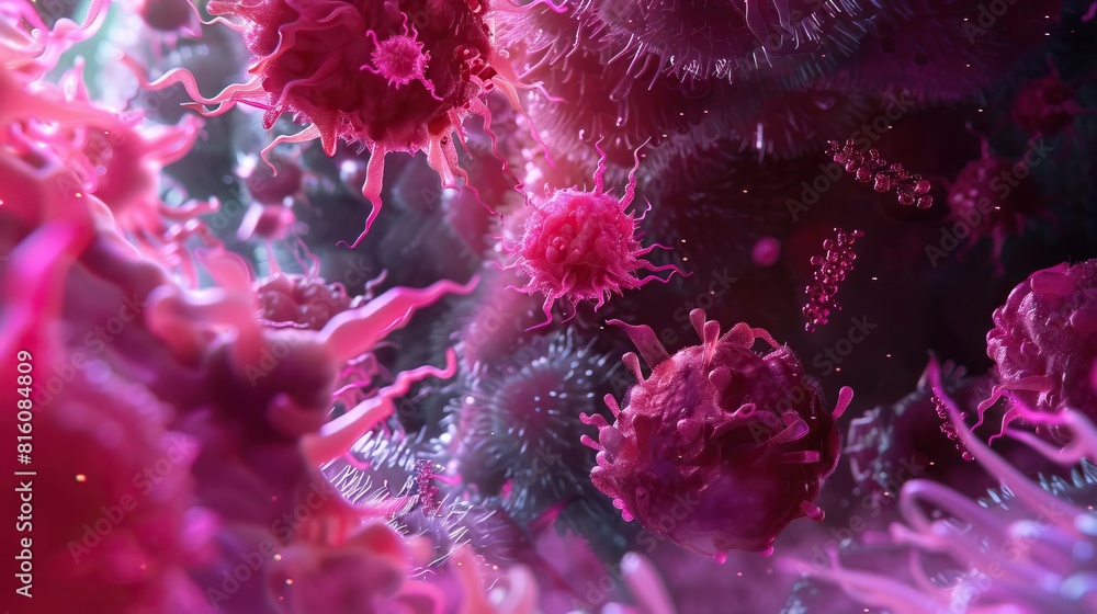 A detailed medical visualization of intestinal cells, highlighted in shades of neon pink and red to emphasize cellular structures across micro and macro scales A detailed medical visualization of intestinal cells, highlighted in shades of neon pink and red to emphasize cellular structures across micro and macro scales