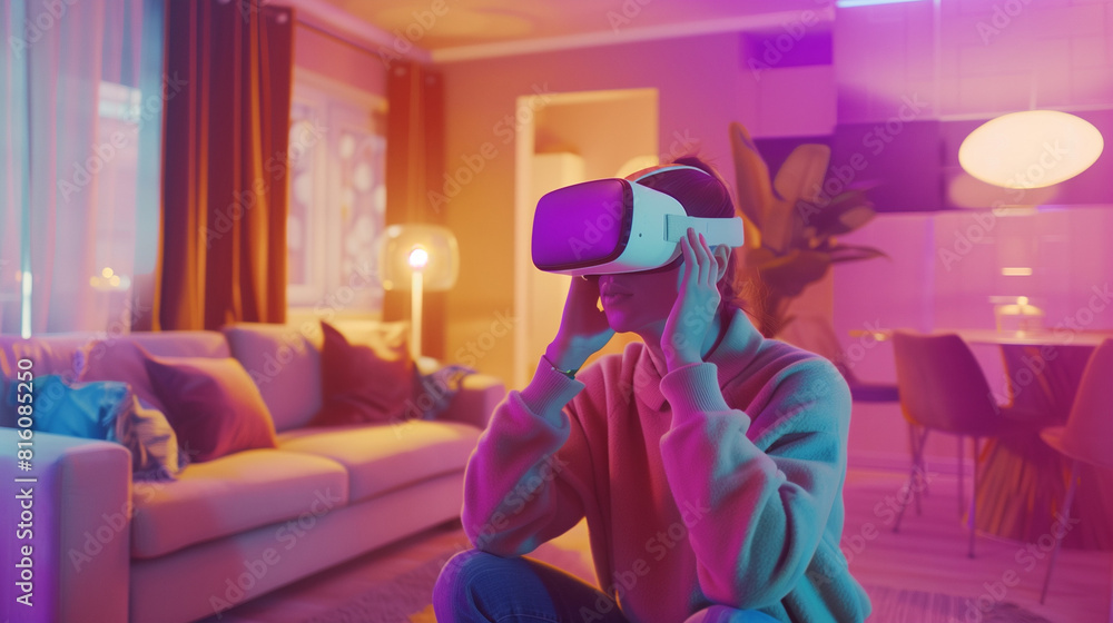 Home VR Experience - Person using VR goggles in the living room, surrounded by modern furnishings, emotions of surprise and joy. Home VR Experience - Person using VR goggles in the living room, surrounded by modern furnishings, emotions of surprise and joy.