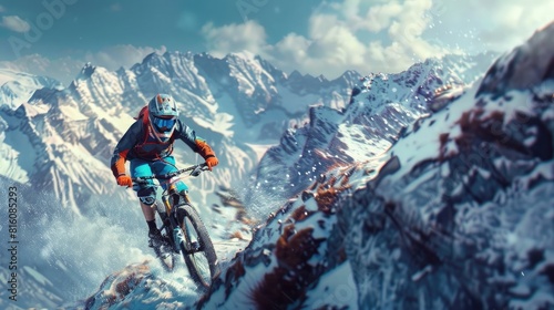 A photo of a mountain biker in a turquoise and orange outfit, riding fast down the hill with snow covered mountains in the background, dramatic sky, motion blur, photo realistic.