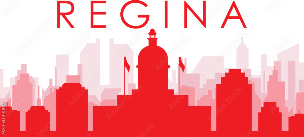 Red panoramic city skyline poster with reddish misty transparent background buildings of REGINA, CANADA Red panoramic city skyline poster with reddish misty transparent background buildings of REGINA, CANADA
