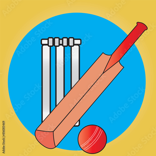  cricket bat, ball and wicket for a sports game and vector, illustration with sky blue circle and background.