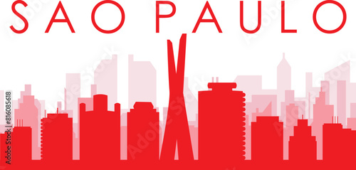 Red panoramic city skyline poster with reddish misty transparent background buildings of SAO PAULO, BRAZIL