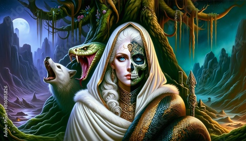 Mystic Dualism of Hel: Between Life and Death, The Norse goddess, half living half dead. Accompanied by Fenrir and the Midgard Serpent. Daughter of Loki. World tree Yggdrasil. Valhalla. Generative AI