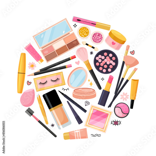 Set of cute make up elements collection	in round.
