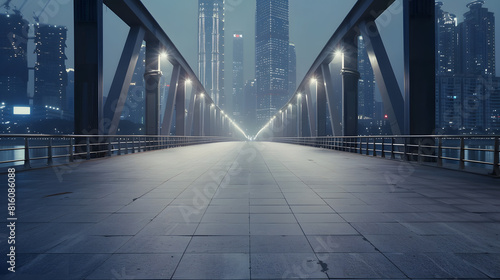 Empty square floor and bridge with city skyline scenery   Generative AI