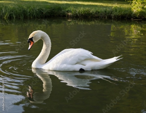 Elegant white swan on tranquil water with reflection and green foliage in the background.