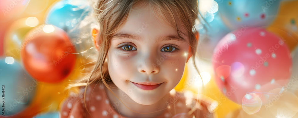 Happy little kind girl with smile against the background of multi colored balloons having fun at holiday. Close up portrait. Banner, childrens party concept. International Childrens Day Happy little kind girl with smile against the background of multi colored balloons having fun at holiday. Close up portrait. Banner, childrens party concept. International Childrens Day