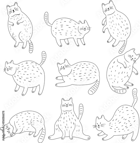 Set of cute doodle cats. Hand drawn simple animal illustration set isolated on white background.