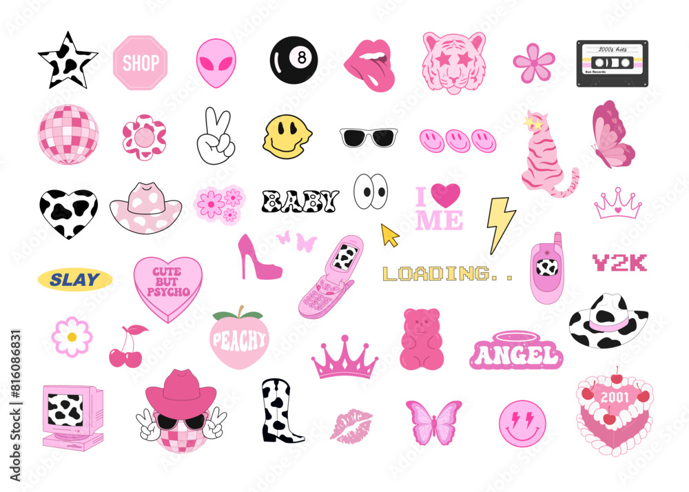 Ταπετσαρία Y2K pink stickers set. Cute groovy pink 2000s icons.