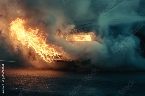 Dramatic night scene of a car on fire emitting smoke and flames