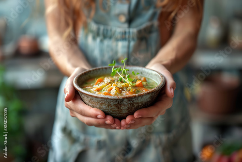Woman exhausted by poor nutrition  holds bowl of vegetable soup in hands  suffering from bulimia. Result of vegan and vegetarian. Eating disorder concept