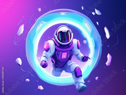 Futuristic illustration of astronaut running through a glowing portal. Bright neon colors and dynamic motion lines. Modern and imaginative, evoking themes of exploration and advanced technology.