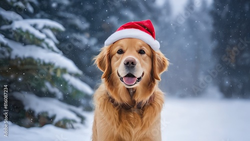  Cute golden retriever dog wearing Christmas red Santa Claus hat in snow falling sky scene. Winter Forest Landscape. Christmas Holidays. Christmas Card.