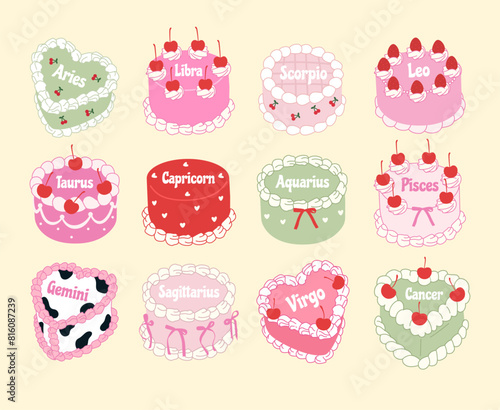 Cute zodiac cakes. Y2k style. Zodiac signs. Birthday cake set.