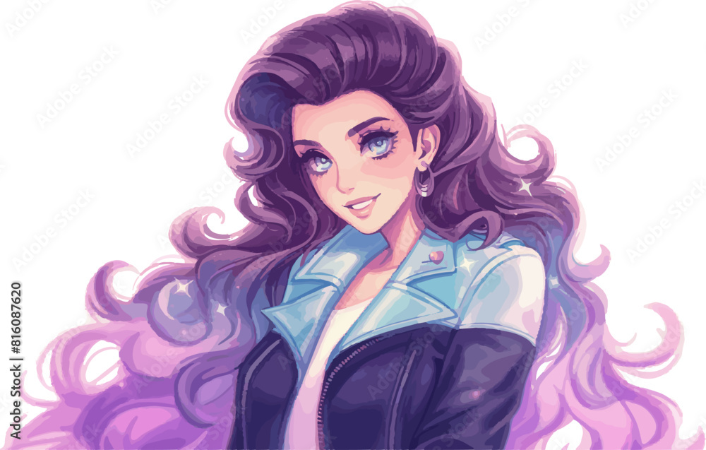 Beautiful woman character in vintage 80s clothes, purple hair vector