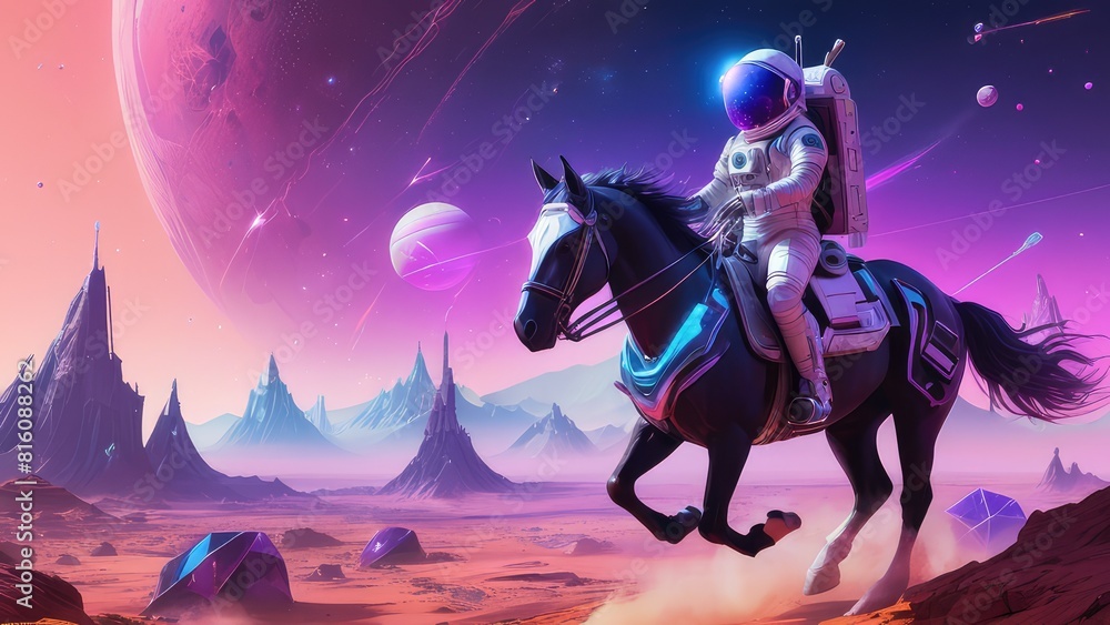 Obraz premium An illustration of astronaut is riding a horse on Mars in purple tones, astronaut exploring cosmic phenomena in space