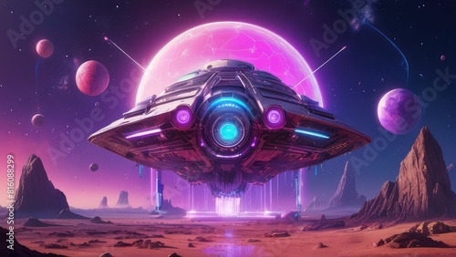 An illustration of spaceship on Mars  in purple tones, science fiction neon ufo portrait sightings. spaceship and planet