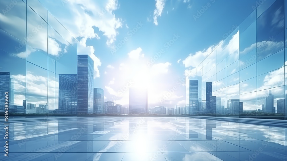 Modern office building or business center. High-rise window buildings made of glass reflect the clouds and the sunlight. empty street outside wall modernity civilization. growing up business Modern office building or business center. High-rise window buildings made of glass reflect the clouds and the sunlight. empty street outside wall modernity civilization. growing up business