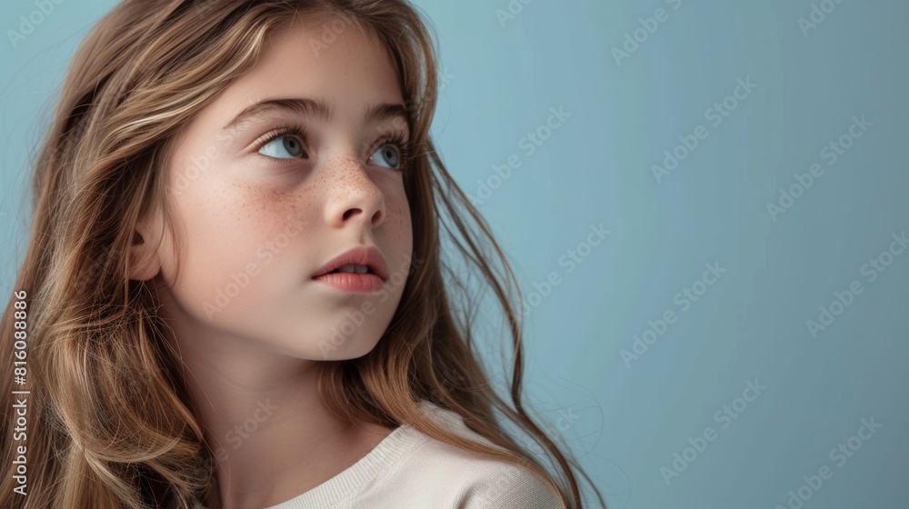 portrait of a beautiful young caucasian white American model teen girl looking forward. child ad with copy space, children, beauty, pretty portrait of a beautiful young caucasian white American model teen girl looking forward. child ad with copy space, children, beauty, pretty
