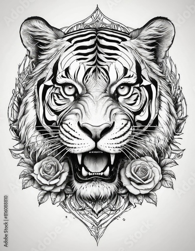 Tattoo design. Aggressive tiger head, front view, with a rose below the head, tattoo design, black and white draw, white background